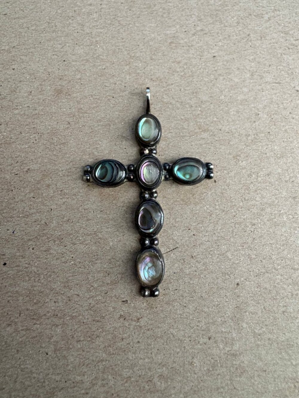 Vintage 1970s Mexican sterling and abalone cross pendant